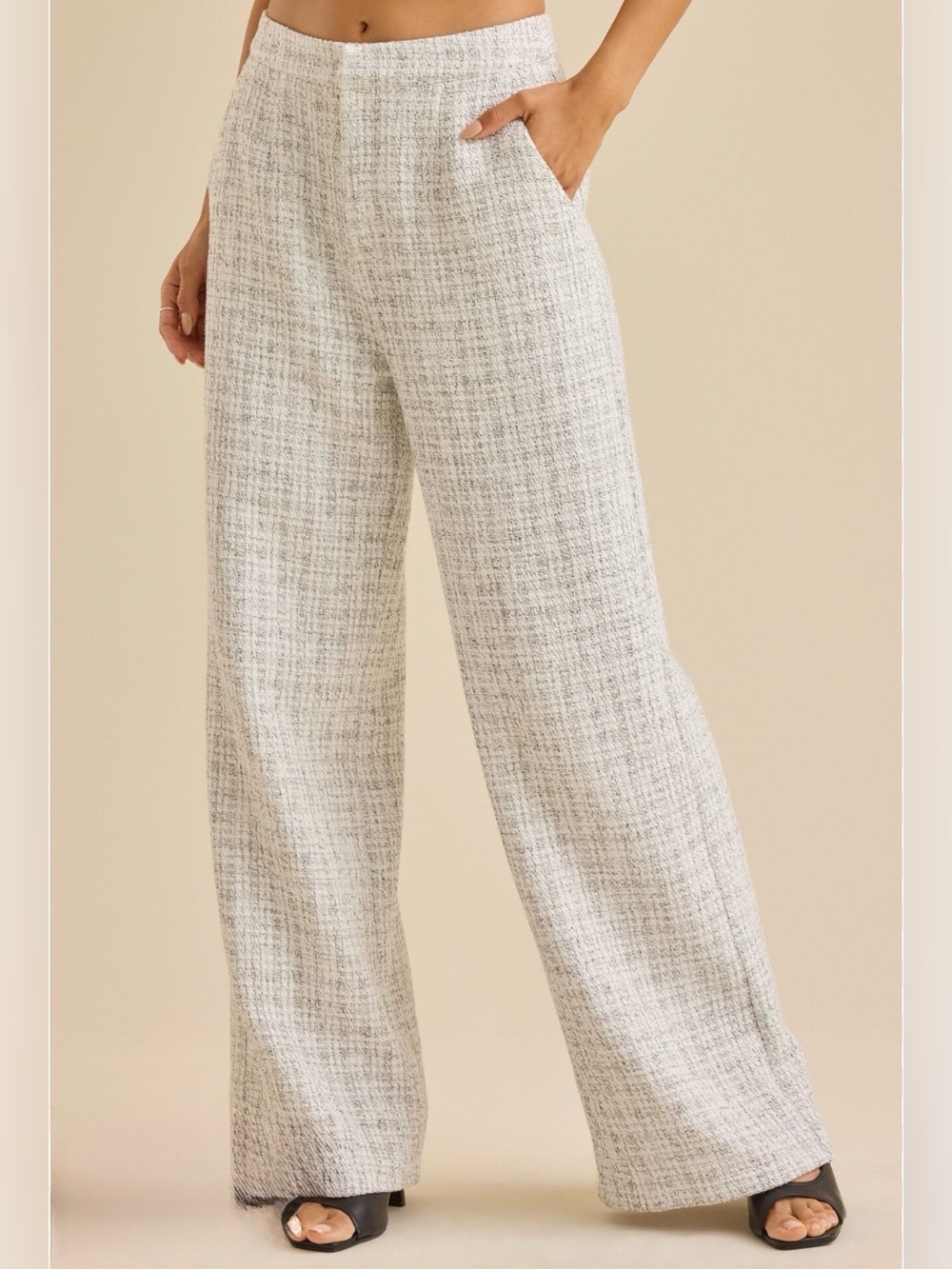 Altar'd State Devyn Ivory and Black Textured Wide-Leg Tweed Pants Size: XL